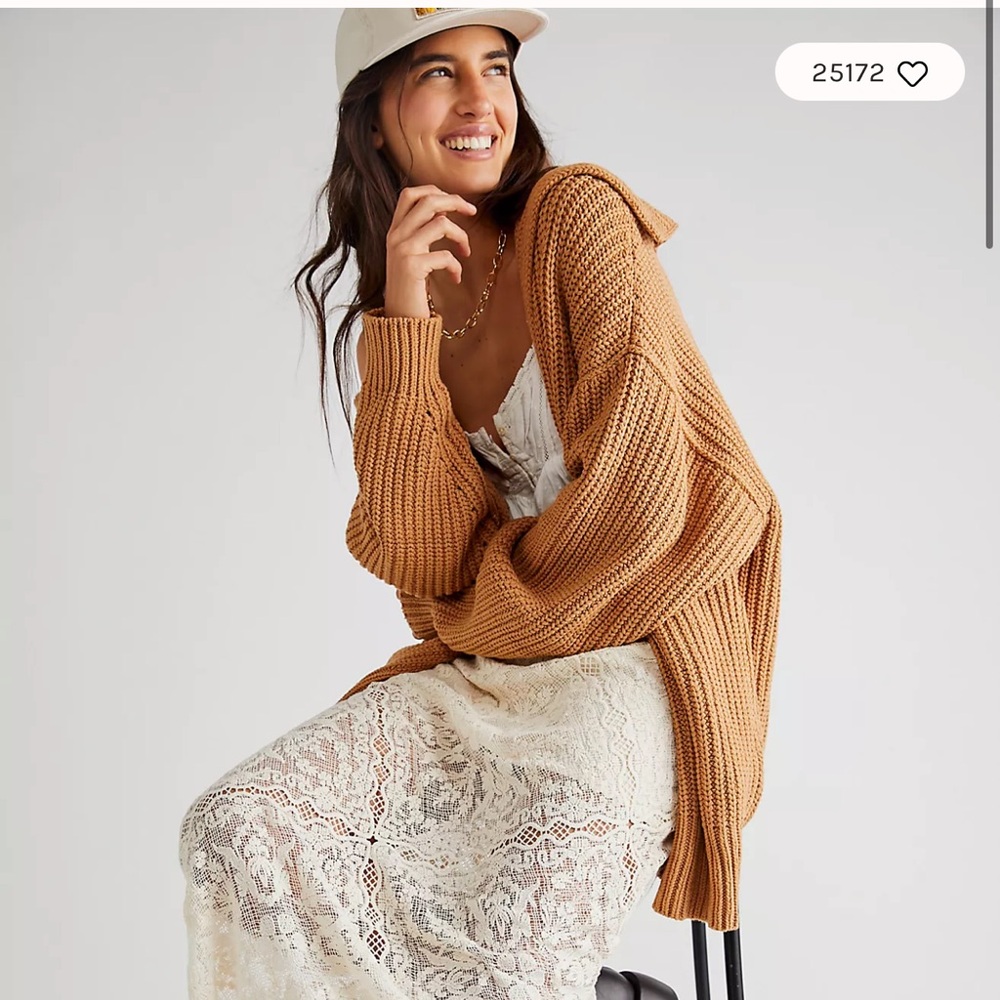 Free People Swim Too Deep Camel Oversized Cardigan